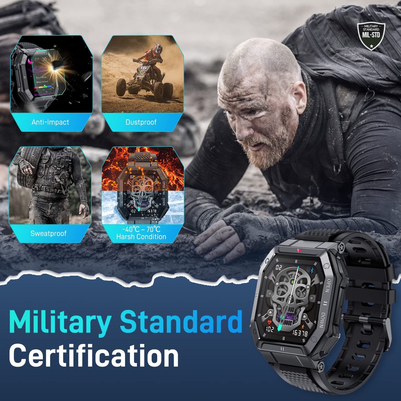 Bassizo Military Smart Watch for Men with LED Flashlight Rugged Outdoor Tactical Smartwatch with Compass (Answer/Dial Calls) Fitness Tracker Watch with Heart Rate Sleep Monitor for iOS Android Phone