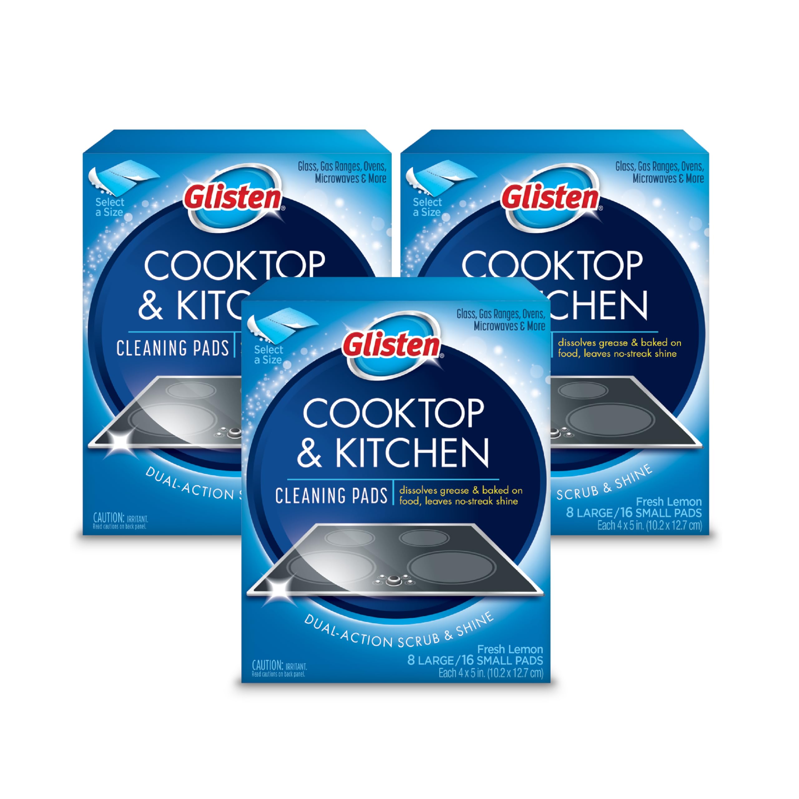 Glisten Cooktop and Kitchen Cleaning Pads, Dissolves Grease and Baked on Foods, Lemon Scent, 24 Large Pads or 48 Small Pads