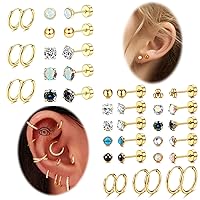 Jstyle Surgical Steel Earrings for Sensitive Ears hypoallergenic 20G Stud Hoop Earrings Set for Women Men Small Opal Ball CZ Surgical Steel Flat Back Cartilage Earrings Hoop Stud- Gold Tone