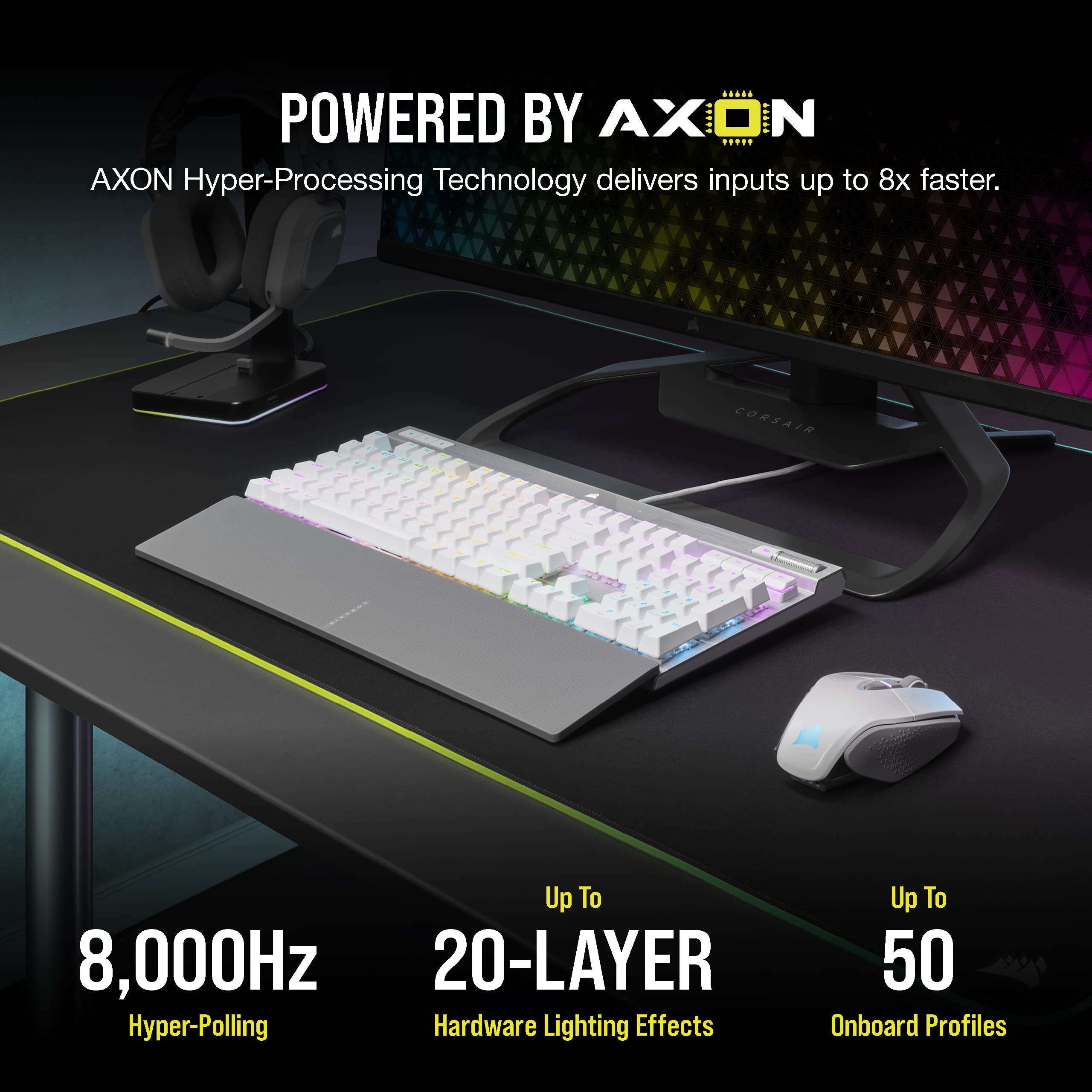 Corsair K70 PRO RGB Optical-Mechanical Gaming Keyboard - OPX Linear Switches, PBT Double-Shot Keycaps, 8,000Hz Hyper-Polling, Magnetic Soft-Touch Palm Rest - NA Layout, QWERTY - White