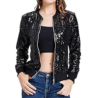 KANCY KOLE Womens Sequin Jacket Casual Long Sleeve Front Zip Party Bomber Blazer with Pockets S-2XL