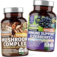 N1N Premium Elderberry Immune Support with Vitamin C & Zinc + Powerful Mushroom Complex with 10 Potent Mushrooms, All Natural Supplement to Boost Immunity, Brain Health and Energy Levels, 2-Pack