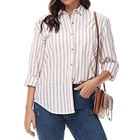 MCEDAR Women's Oversized Linen Button Down Shirts Plus Size Boyfriend Shirt Casual Long Sleeve Solid Striped Blouse (S-4X)