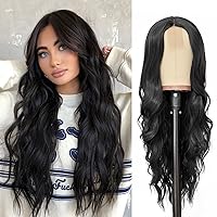 NAYOO Long Black Wig for Women - 26 Inch Long Black Hair Wig, Natural Looking Black Long Wig, Heat Resistant Synthetic Wig, Easy to Put Middle Part Black Wavy Wig, Brunette Wig for Daily Party Use