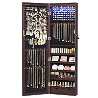 SONGMICS 6 LEDs Mirror Jewelry Cabinet, 47.2-Inch Tall Lockable Wall or Door Mounted Jewelry Armoire Organizer with Mirror, 2 Drawers, 3.9 x 14.6 x 47.2 Inches, Mother's Day Gifts, Brown UJJC93K