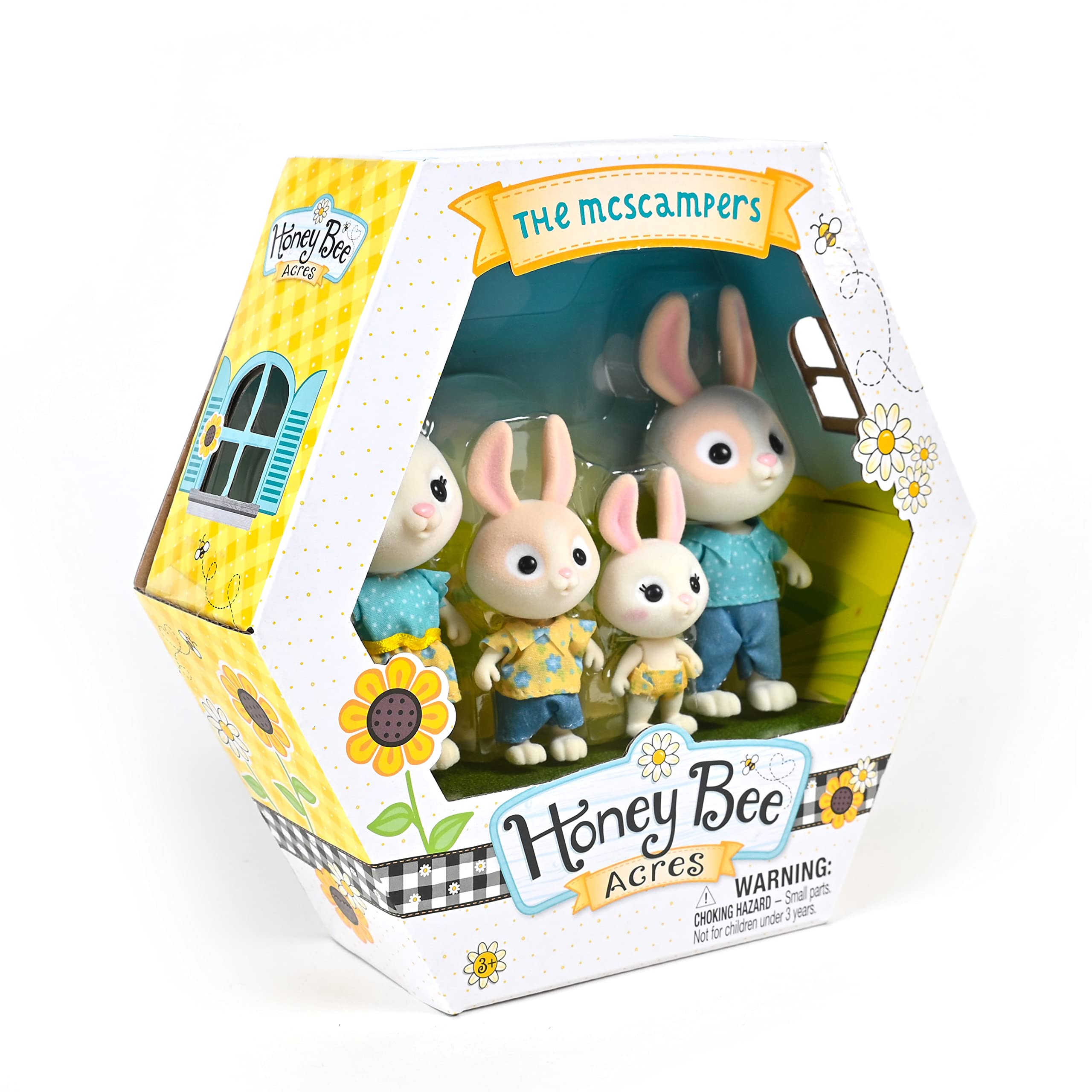 Sunny Days Entertainment Honey Bee Acres McScampers Rabbit Family – 4 Miniature Flocked Dolls | Small Collectible Bunny Figures | Pretend Play Toys for Kids