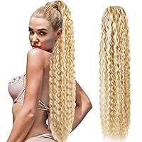 30 Inch Curly Ponytail Extensions Synthetic Deep Wave Drawstring Ponytail For Black Women Human Hair Feeling With Clip In Thick Ponytail Hair Mixed Bleach Blonde Hairpiece(P18/613,160g 30