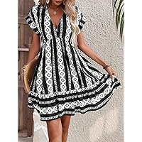 Women's Dress Geo Print Batwing Sleeve Ruffle Hem Dress Women's dressEVEBABY (Color : Black and White, Size : Medium)