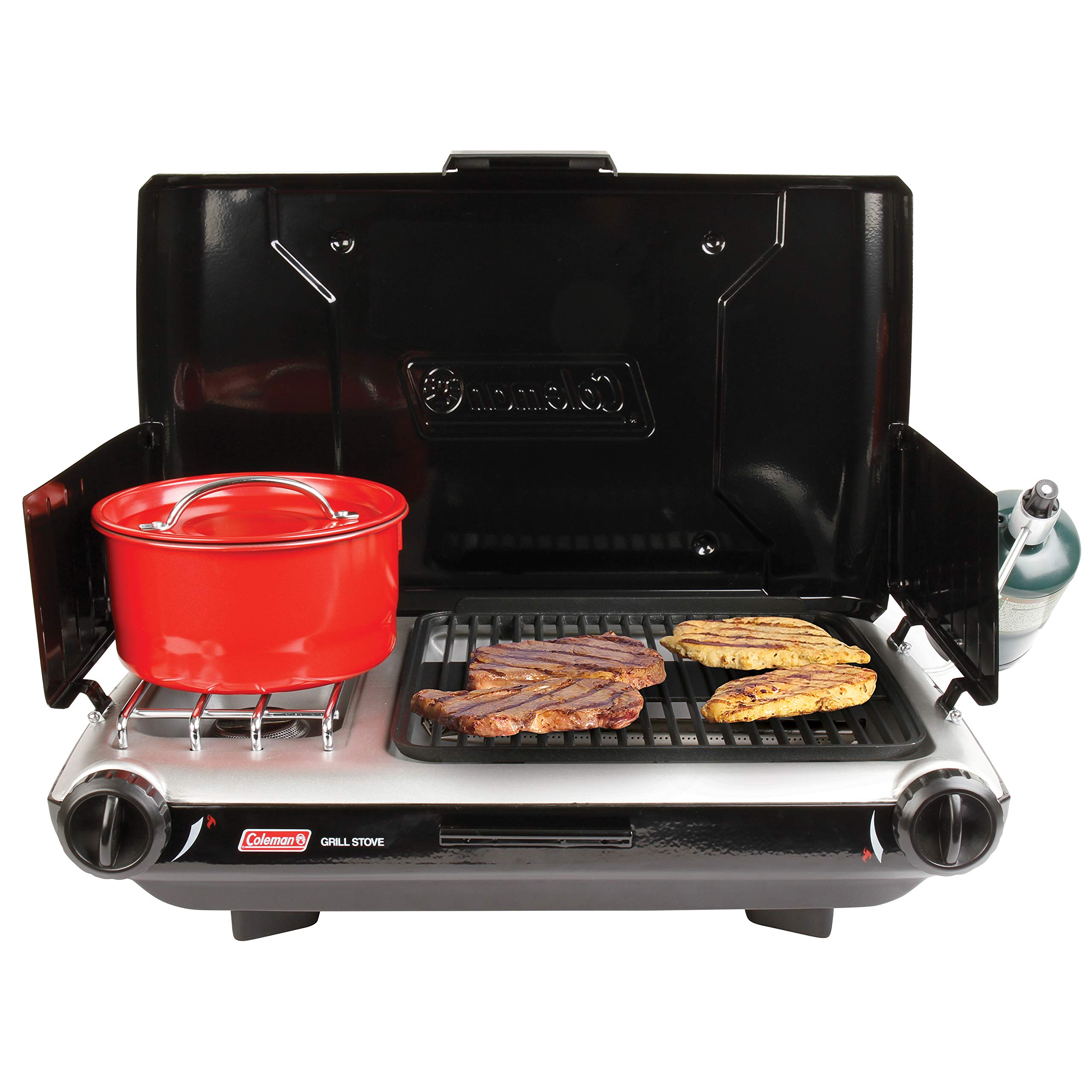 Coleman Tabletop 2-in-1 Camping Grill/Stove, 2-Burner Propane Grill and Stove for Outdoor Cooking with Adjustable Burners and Pressure Regulator, 20,000 BTUs of Power