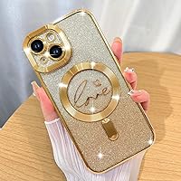 ZIYE Magnetic Case Designed for iPhone 13 Glitter Case Luxury Plating Love Heart Compatible with MagSafe Clear Case with Camera Protector Protection Shockproof Cover for Women Girls-Gold