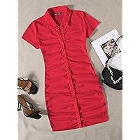 Summer Dresses for Women 2022 Collared Buttoned Front Rib-Knit Dress Dresses for Women (Color : Red, Size : Large)