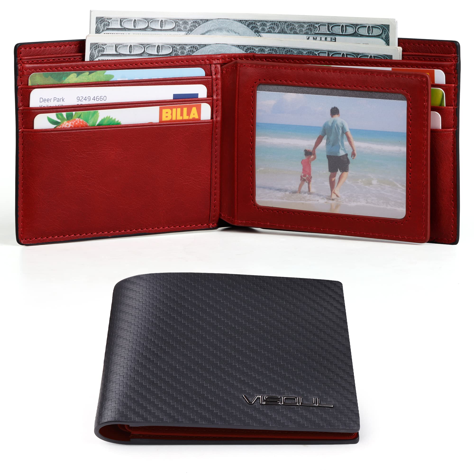 VISOUL Mens RFID Blocking Bifold Leather Wallet with 2 ID Windows, Carbon Fiber Leather Designer Card Holder Wallet with 2 Cash Compartments (Black+Burgundy)