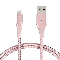 Amazon Basics Double Nylon Braided USB-A Cable with Lightning Connector, Premium Collection, MFi Certified Apple iPhone Charger, 3 Foot, 2 Pack, Rose Gold