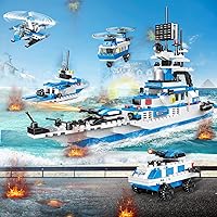 City Police Ship Building Blocks Toy Kit for Kids, Assembled Warship Construction STEM with Army Car, Helicopter, Airplane, Warship, Role-Playing for Boys Girls Ages 6+ (Police Ship)
