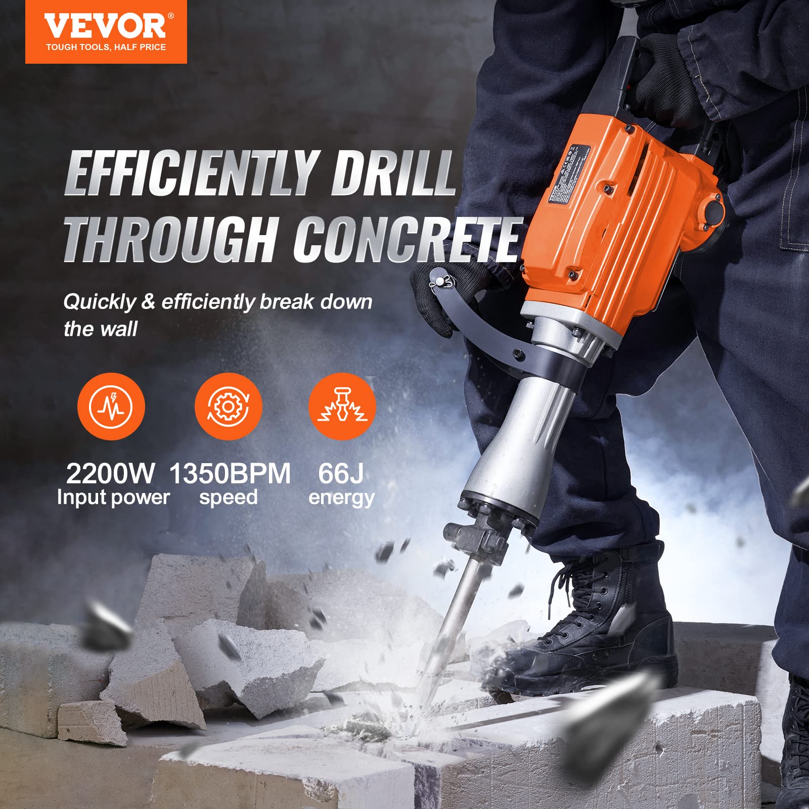 VEVOR Demolition Jack Hammer, 2200W 1400 BPM Jack Hammer Concrete Breaker, Heavy Duty Electric Jack Hammer 4pcs Chisels Bit with Gloves, 360°C Swiveling Front Handle for Trenching and Breaking Holes