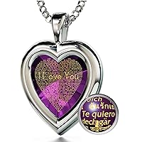 NanoStyle 925 Sterling Silver Heart Pendant I Love You Necklace in 120 Languages in Pure Gold Inscribed in Miniature Text on Brilliant Cut Heart-Shaped Cubic Zirconia Gemstone, 18