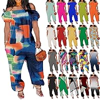 Plus Size Jumpsuits for Women Dressy Summer Casual Off The Shoulder Romper Puff Sleeve Formal Jumpsuits with Pockets