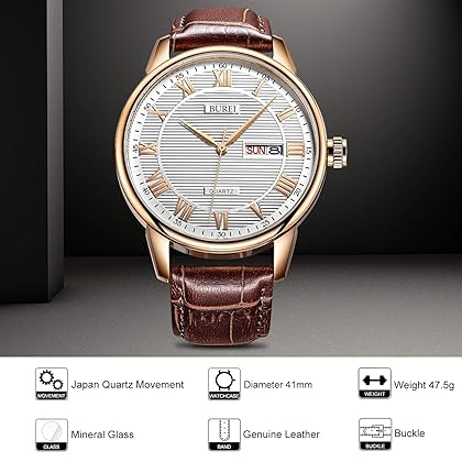 BUREI Men's Classic Quartz Watch with Protective Date Calendar Mineral Glass Large Roman Numerals Structure Face Leather Strap