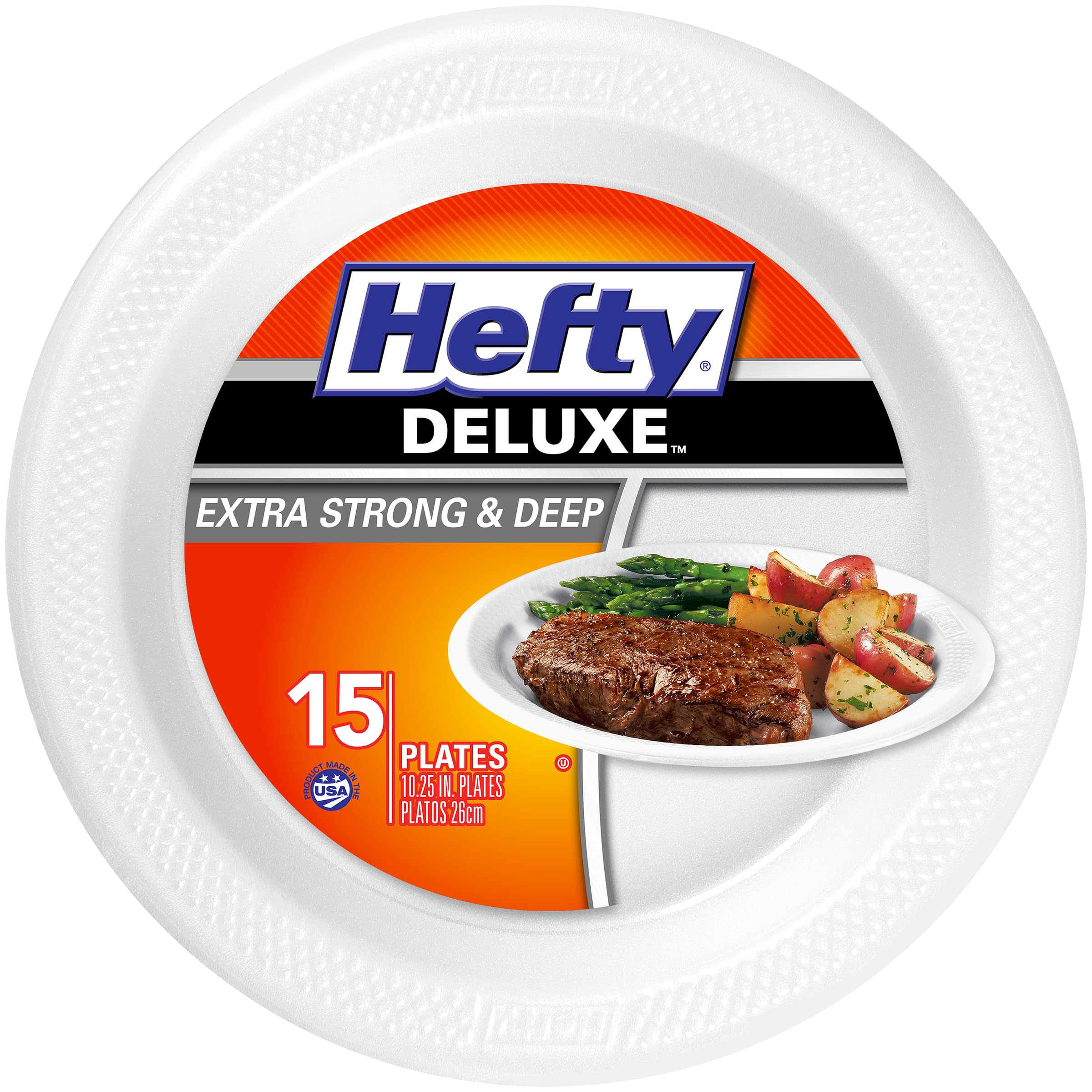 Hefty Deluxe Extra Strong & Deep Foam Plates, Round, White, 10.25 Inch, 15 Count