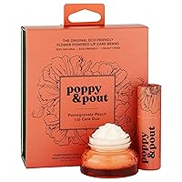 Poppy & Pout Lip Care Set | Lip Balm & Scrub | Sustainable Cardboard Tubes & Glass Jars, All Natural, Beeswax, Coconut Oil, Cruelty Free, Exfoliating & Moisturizing Lip Treatment (Pomegranate Peach)