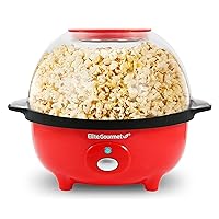 Elite Gourmet EPM330R Automatic Stirring 3Qt. Popcorn Maker Popper, Hot Oil Popcorn Machine with Measuring Cap & Built-in Reversible Serving Bowl, Great for Home Party Kids, Safety ETL Approved, Red
