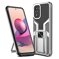 Shockproof Case for Xiaomi Redmi Note 10/Redmi Note 10S 4G Case Cover with Holder Kickstand, Heavy Duty Protective Bumper Armour Phone Shell with Magnetic - Silver