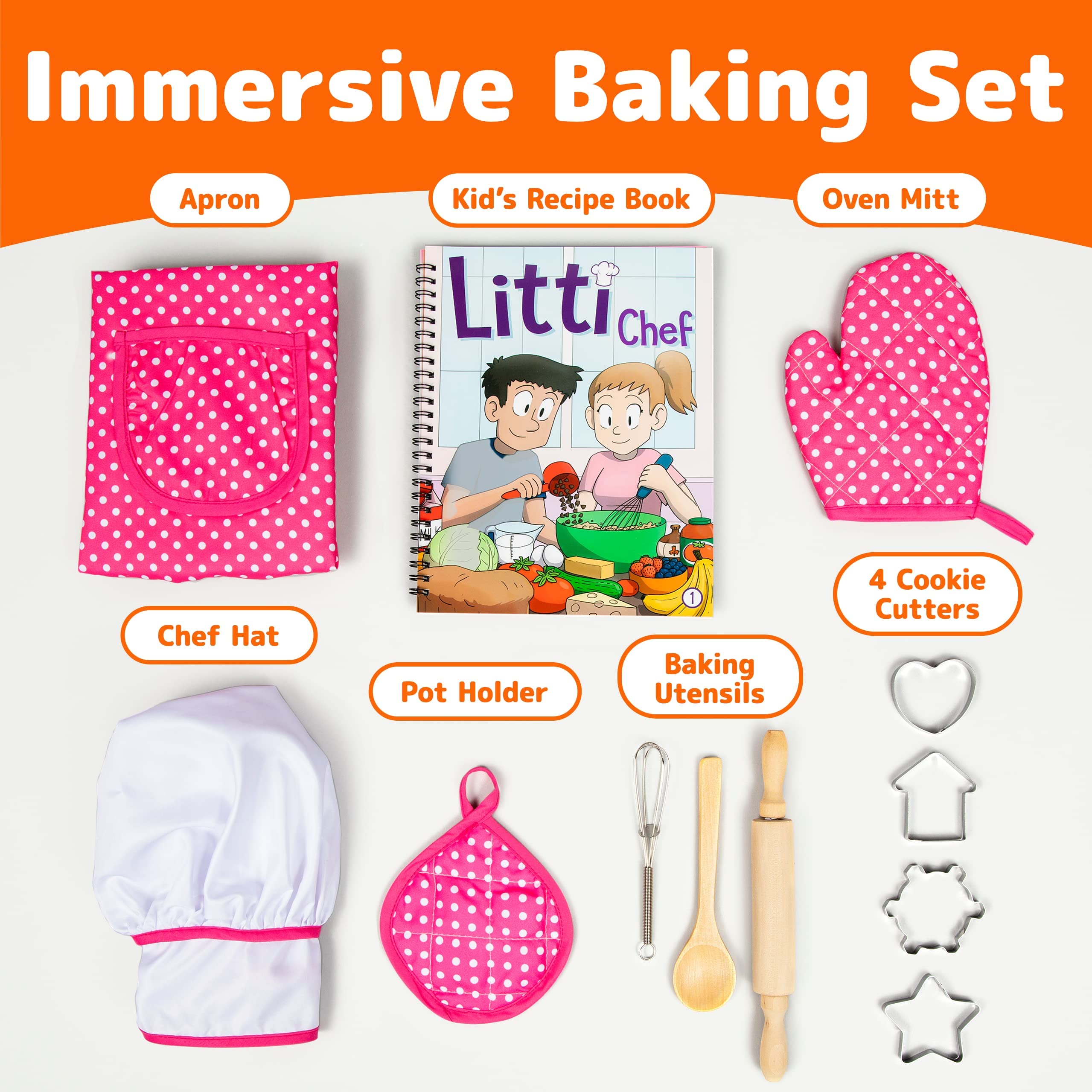Kids Cooking and Baking Chef Set for Little Girls, Complete Cooking Sets, Toddler Dress Up & Pretend Play Costume Clothes, Kit w/ Pink Kid Chef Apron & Accessories, Kids Kitchen Toys 3-5 Years Old