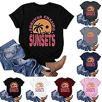 Forever Chasing Sunsets T-Shirts for Women Sunset Palm Tree Tops Vintage Summer Vacation Graphic Short Sleeve Blouse