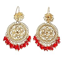 NOVICA Handmade 10k Gold Plated Filigree Chandelier Earrings Crystal Dangle Mexico [2.6 in L x 1.6 in W x 0.4 in D] 'Valley Flower in Red'
