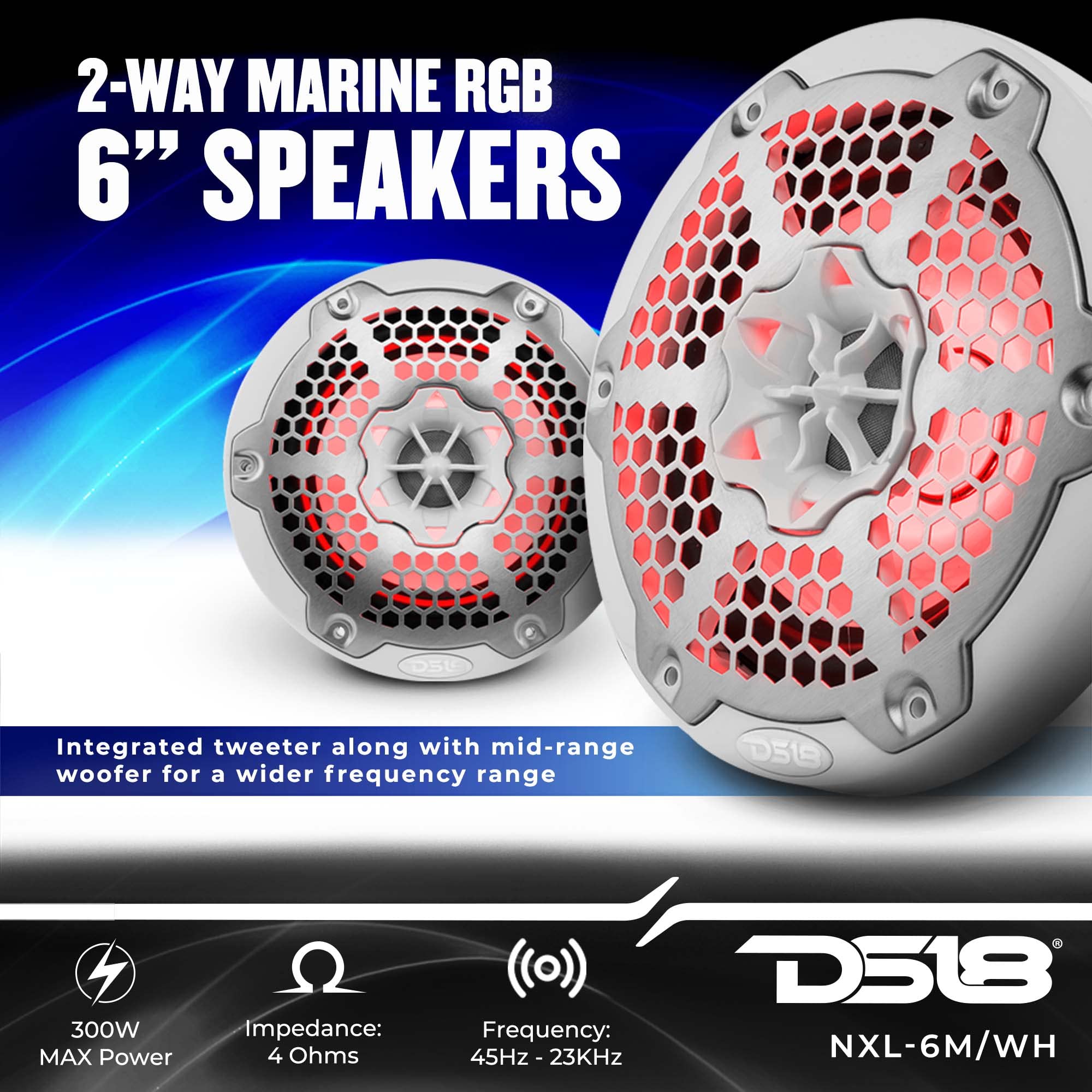 DS18 Hydro NXL-6M/WH - High End Mesh Grill Coaxial Speaker Pair - 2-Way Car Speaker with Integrated RGB Lights - 300 Watt Car Audio System - Water Resistant Speakers - 6 Inches, White