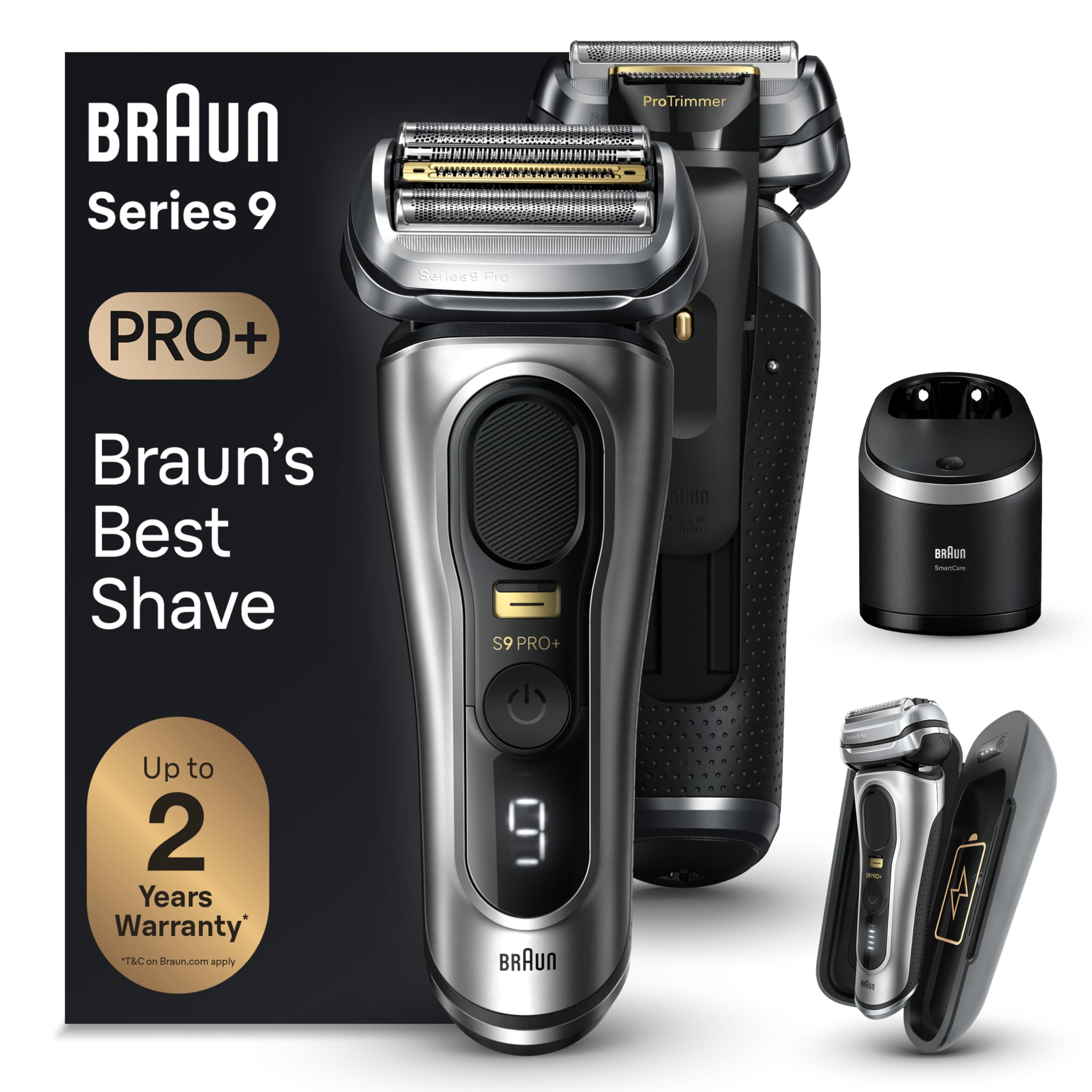 Braun Series 9 PRO+ Electric Razor for Men, 5 Pro Shave Elements & Precision Long Hair Trimmer, 6in1 SmartCare Center, PowerCase for Mobile Charging, Wet & Dry Electric Razor, 60min Battery Runtime