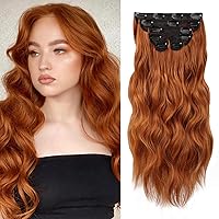 WECAN Clip in Hair Extension 20 Inch Copper Red 6PCS Natural Long Wavy Curly Hairpieces for Women Thick Synthetic Fiber Double Weft Hair Full Head