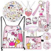Cute Kuromi Melody Kitty Cinnamoroll Stuff Gift Set, Including Drawstring Bag Coin Wallet Bracelet Keychain Necklaces Button Pins Stickers Lanyard for Kids Teens Adults