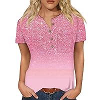 Womens Tops Button Down Henley Casual Shirts with Pocket Short Sleeve Geometric Print Blouses V Neck Summer Clothes