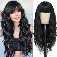 NAYOO Long Wavy Wigs with Bangs Black Wigs for Women Synthetic Heat Resistant Wig 26 Inches Natural Looking Realistic Wigs for Daily Party Use（Black）
