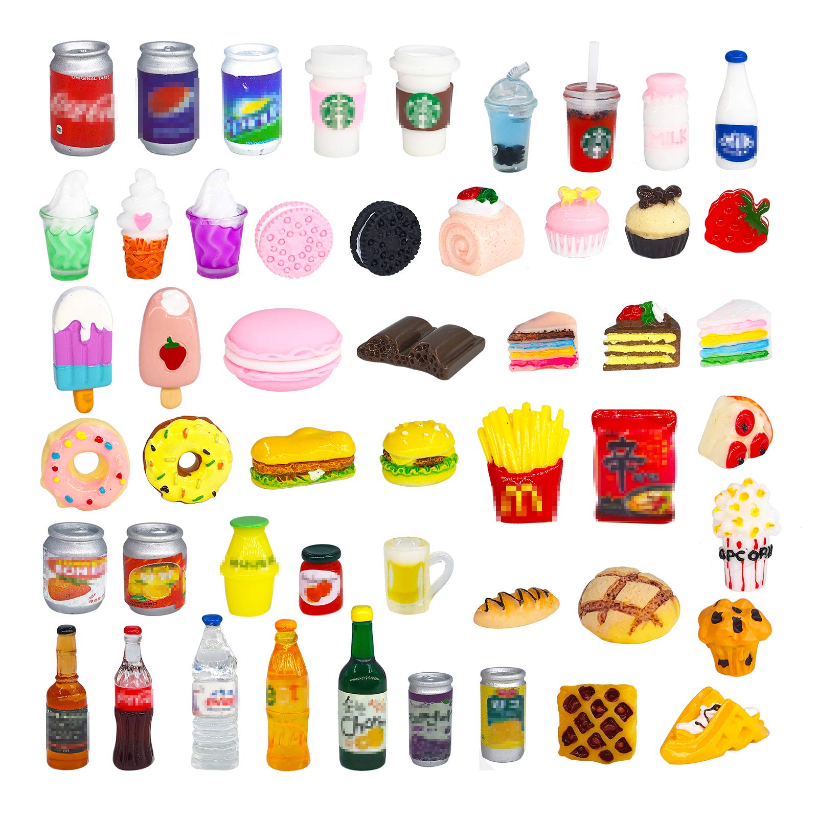 50 Pcs Miniature Food Drink Bottles Soda Pop Cans Pretend Play Kitchen Game Party Accessories Toys Hamburg Cake Ice Cream for 1/12 Doll House (25Food+25Drink)