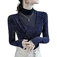 Women's Mesh Tops Fashion Sexy High Neck Long Sleeve Bright Silk Patchwork Blouses Elegant Party Dinner Shirts