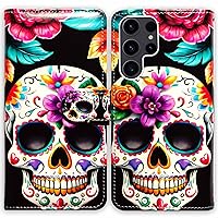 RFID Blocking Case for Samsung Galaxy S24 Ultra,Colorful Floral Sugar Skull Leather Flip Phone Case Wallet Cover with Card Slot Holder Kickstand for Samsung Galaxy S24 Ultra