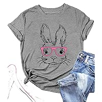 Funny Bunny Print T Shirt for Women Cute Grapic Leopard Shirts Family Blouse Gifts Easter Tops Tee