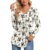CATHY Womens Long Sleeve Tunic Tops Henley Shirt V-neck Button Down Blouse Casual Pleated Basic Pullover
