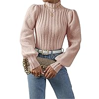 Sweaters for Women -Pullovers Mock Neck Lantern Sleeve Sweater Sweaters for Women (Color : Baby Pink, Size : Large)
