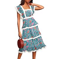 Summer Ruffle Dress for Womne Lace Tiered Short Sleeve Boho Floral Print Chiffon Party Midi Dress