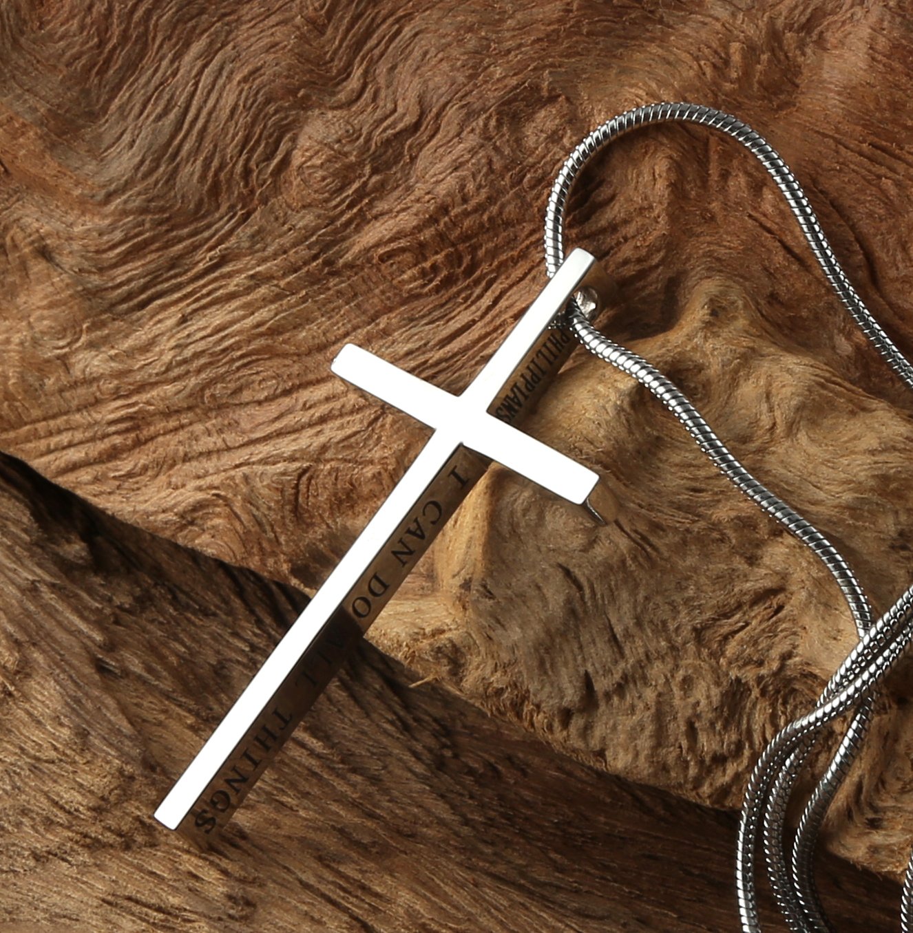 HZMAN Philippians 4:13 Cross Pendant STRENGTH Bible Verse Stainless Steel Necklace
