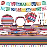 119 Pcs Mexican Serape Fiesta Party Supplies Set Includes Cinco De Mayo Plates Napkins Forks Tablecloth Banners Colorful Stripes Mexico Party Tableware for Fiesta Dance, Pinata, Taco Serve 25