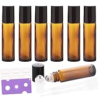 6Pcs 10ml Essential Oil Roller Bottles, with Stainless Steel Roller Balls, 10ml Amber Glass Roll on Bottles for Essential Oils, 1 Extra Roller Ball, 6 Labels, 1 Openers, 2 Droppers Included
