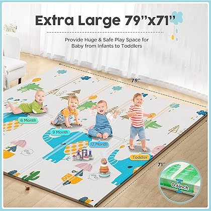 Gimars XL BPA Free 0.6 in Thickest Foldable Baby Play Mat, Waterproof Padded Foam Floor Baby Crawling Mat, Portable Play mat for Babies and Toddlers, Infants,Boys,Girls Indoor Outdoor Use (79