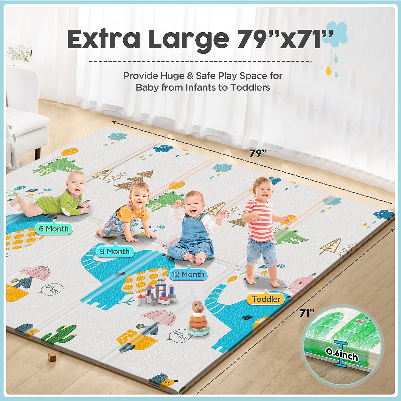 Gimars XL BPA Free 0.6 in Thickest Foldable Baby Play Mat, Waterproof Padded Foam Floor Baby Crawling Mat, Portable Play mat for Babies and Toddlers, Infants,Boys,Girls Indoor Outdoor Use (79
