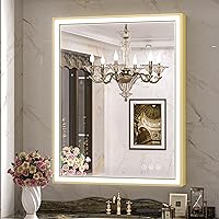 28 x 36 Inch LED Gold Bathroom Mirror for Vanity with 45° Angled Beveled Light, 3 Colors, Anti-Fog,Aluminum Alloy Matte Frame, Memory Funtion Stepless Dimmable for Modern Decor