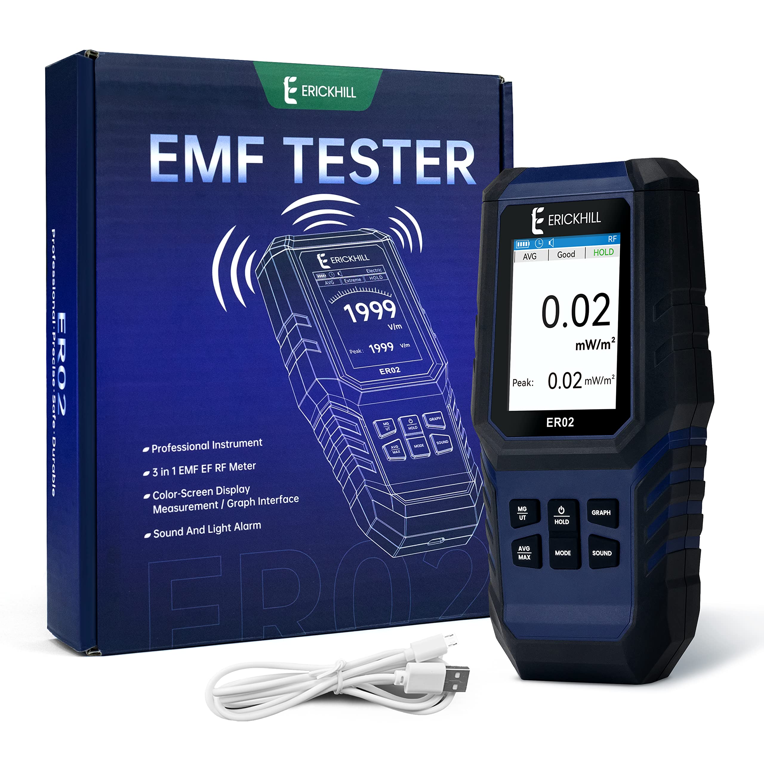 ERICKHILL EMF Meter,3-in-1Rechargeable Digital Electromagnetic Field Radiation Detector for EF RF MF,5G Cell Tower, WiFi Signal Detector, for Home&Office EMF Inspections, and Ghost Hunting
