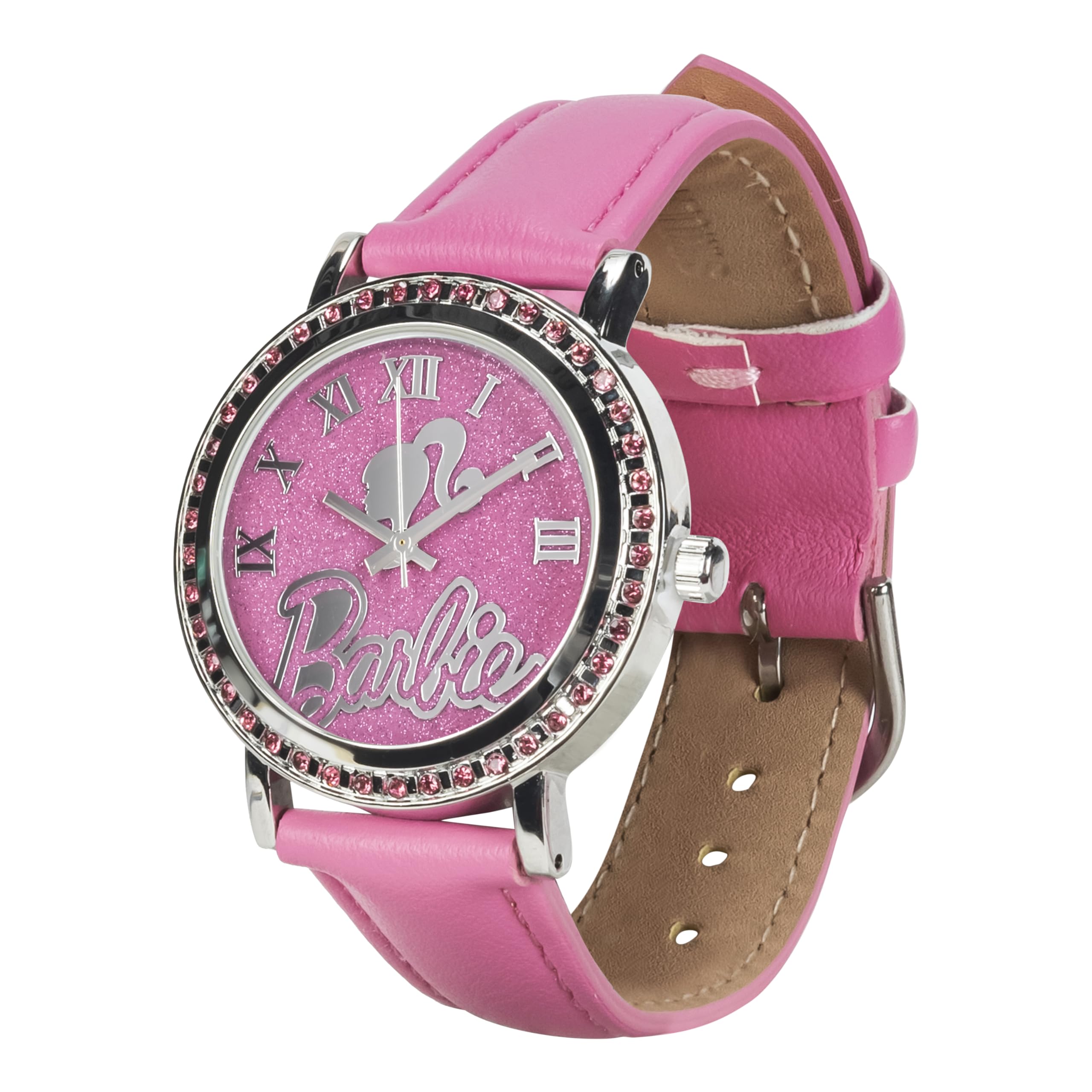 Accutime Barbie The Movie Womens Pink Analog Watch with Faux Leather Band Strap - Barbie The Movie Glitter Silhouette Pink Face (Model: BAR5017AZ)